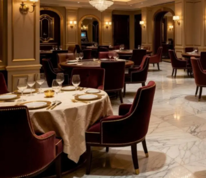 Elegantna unutrašnjost casino prostora s profinjenim osvjetljenjem i luksuznim detaljima.