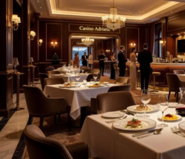 Luksuzni interijer restorana Zadar Casino s profinjenim osvjetljenjem i elegantnim stolovima.