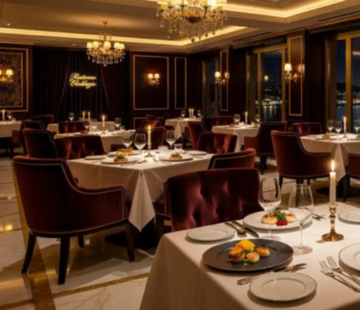 Ekskluzivan ambijent restorana sa elegantno postavljenim stolovima pod toplim svjetlima.